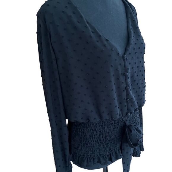 Q&A black Swiss Dot Smocked Blouse, size L - Picture 6 of 7
